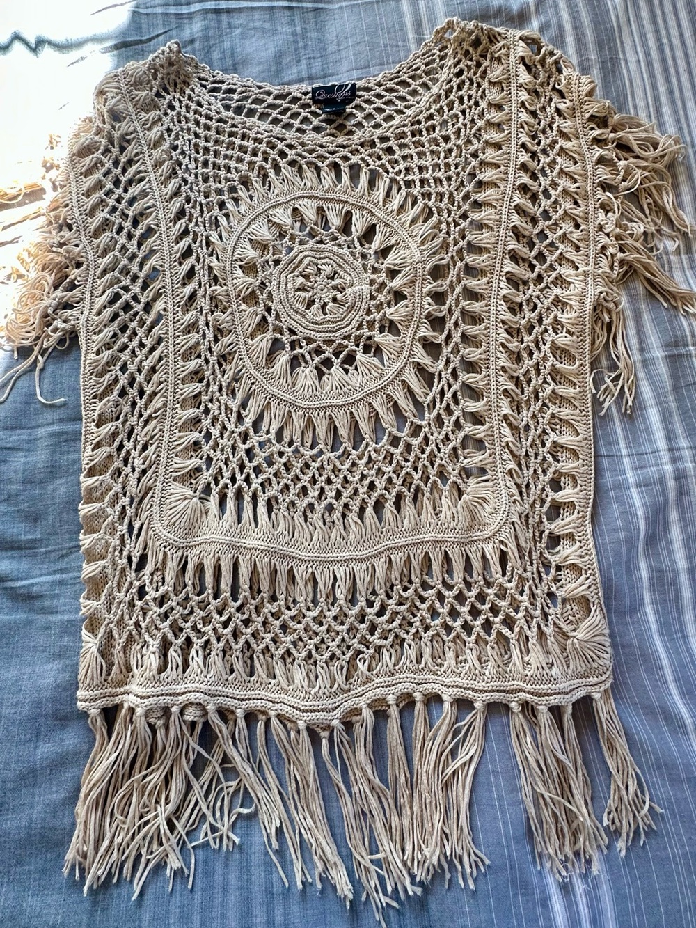 Crochet Fringe Knit Sweater Top in Beige 💯 cotton